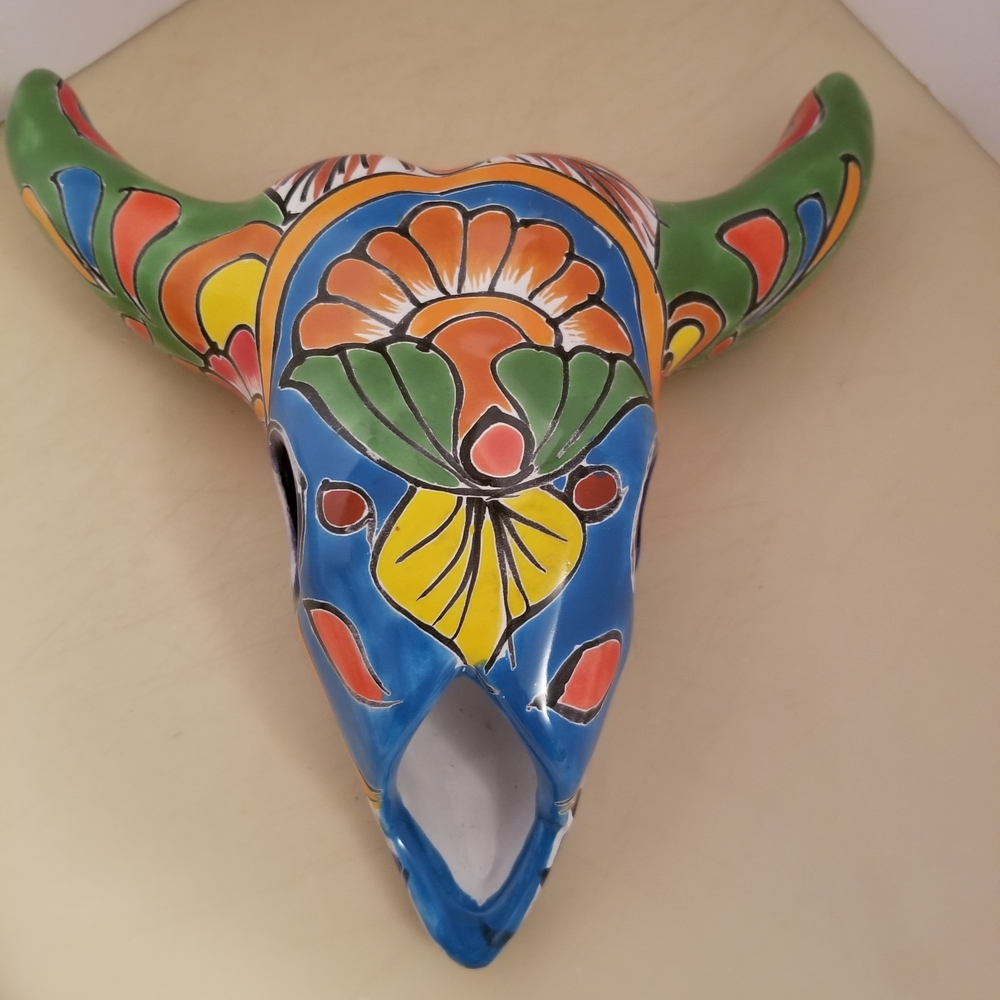 Handcrafted Multicolor Ceramic Bull Skull Decor